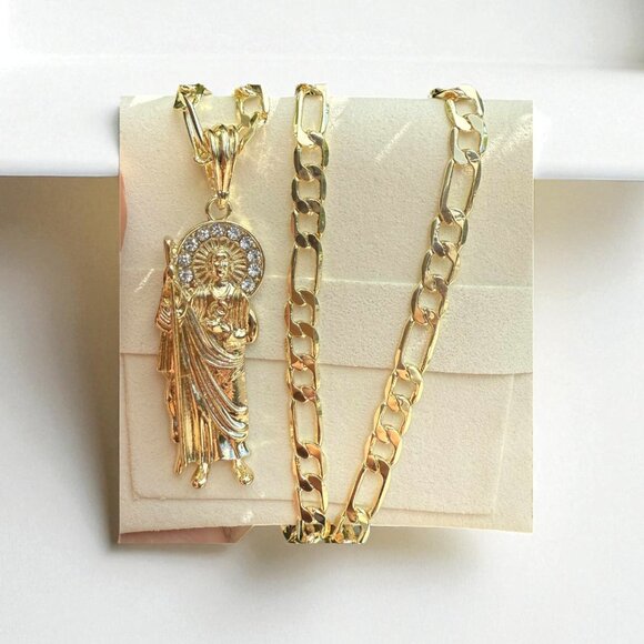 St Jude Thaddeus Pendant Necklace 14K Gold Plated Religious Figaro 20x4mm - Picture 1 of 4